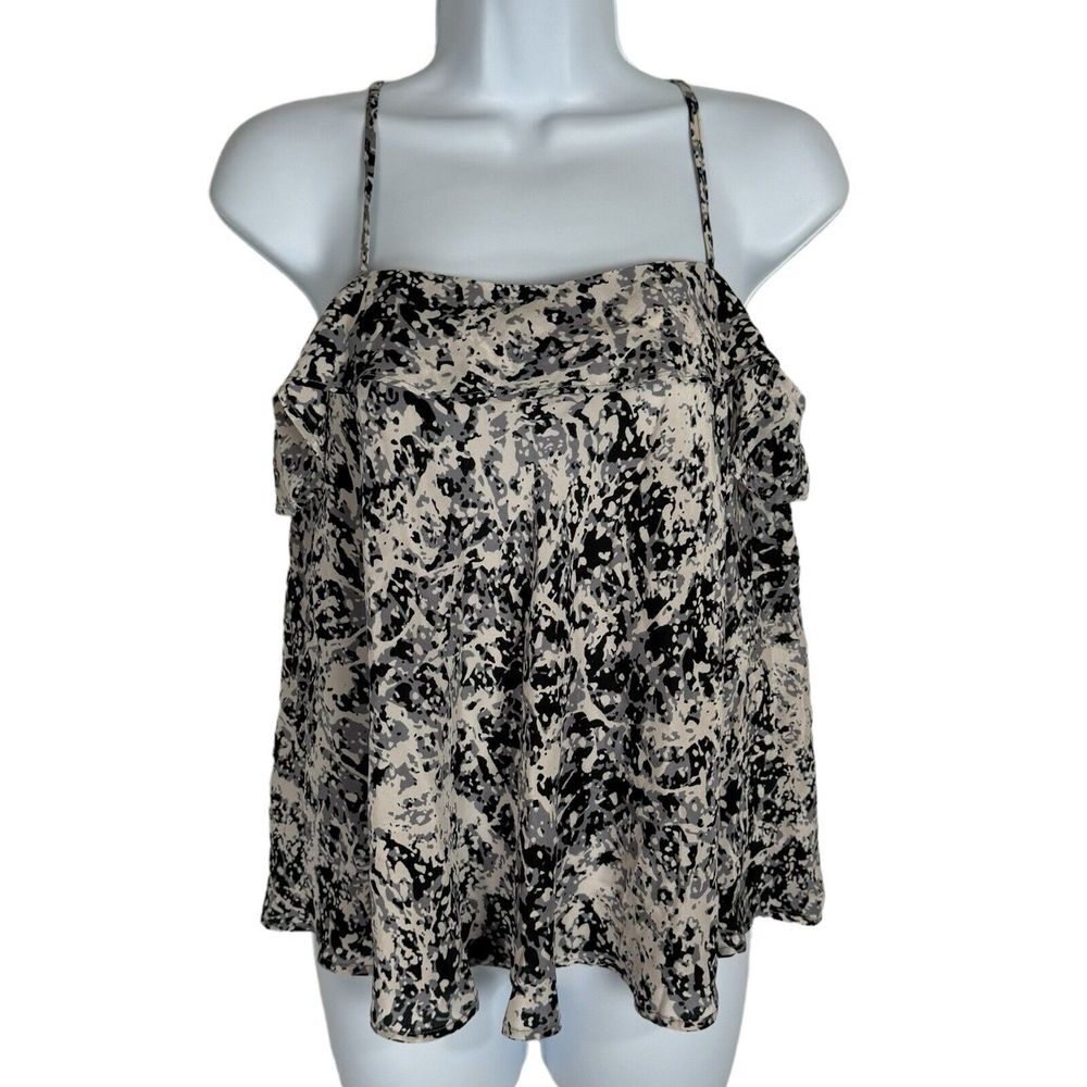 NWT Porridge Ruffle Silk Top Camisole Size XS Pollock Abstract Print Black Cream